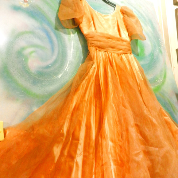 Hand Crafted Dresses & Skirts - VTG Hand crafted OOAK ballgown metallic golden peach satin lace prom maxi dress